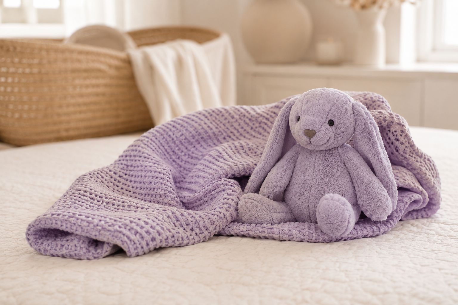 Lila knuffelkonijn met een gebreid dekentje op een bed