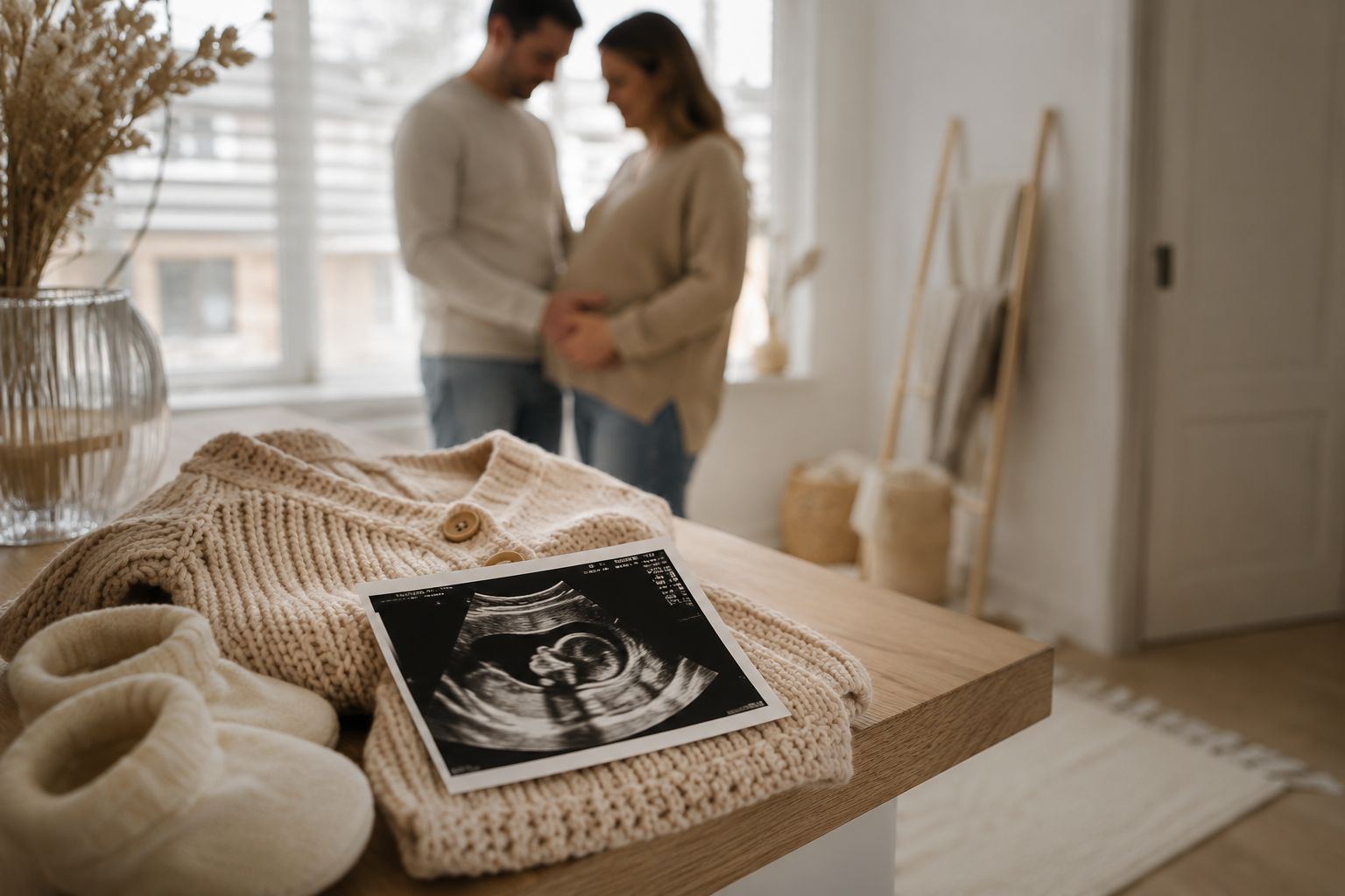 Aanstaande ouders bij een echofoto, babyvestje en slofjes op tafel