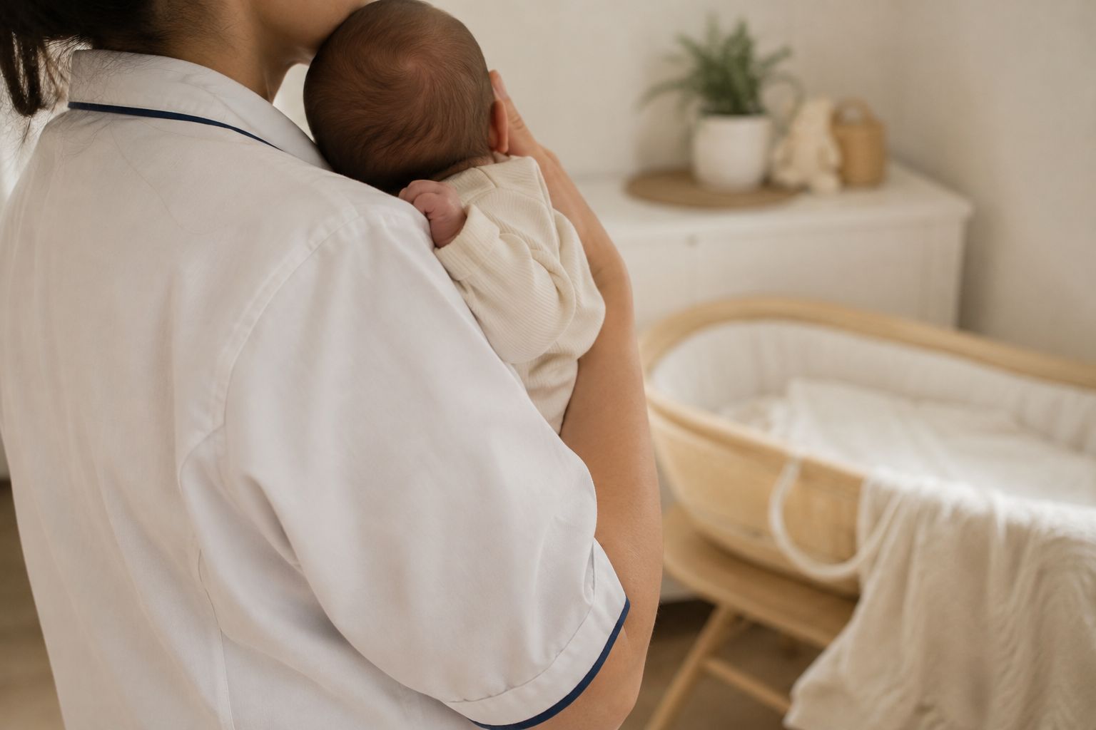 Kraamverzorgende houdt een pasgeboren baby tegen haar schouder naast een wieg