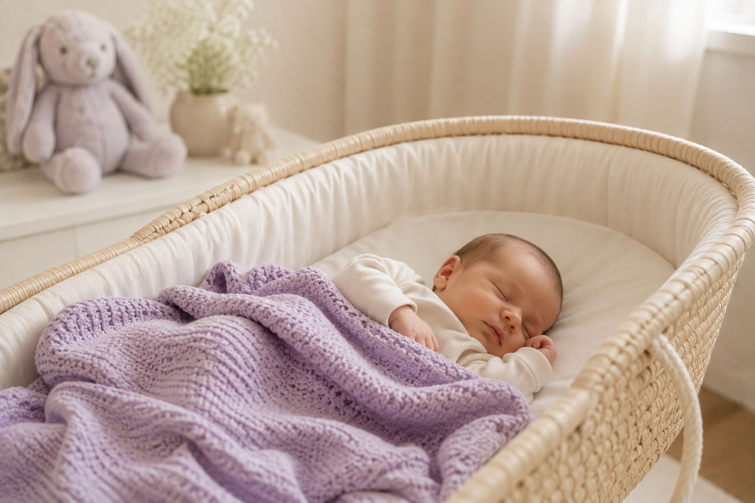 Pasgeboren baby slaapt in een rieten wieg onder een lila dekentje