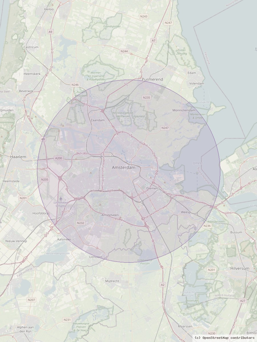 Kaart van Amsterdam en omgeving met het werkgebied van Kraamzorg Kau gemarkeerd. Kaartgegevens: OpenStreetMap.